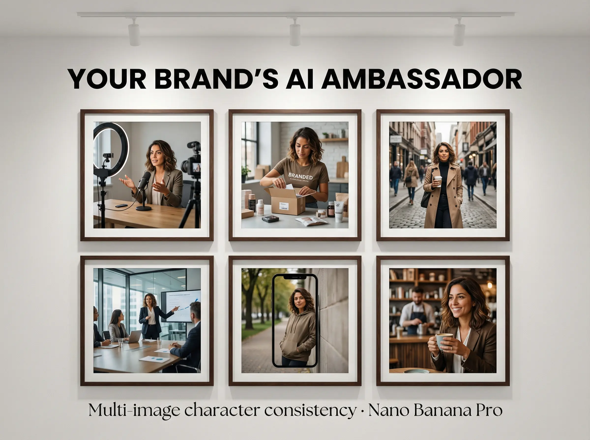 AI brand ambassador grid demonstrating character consistency