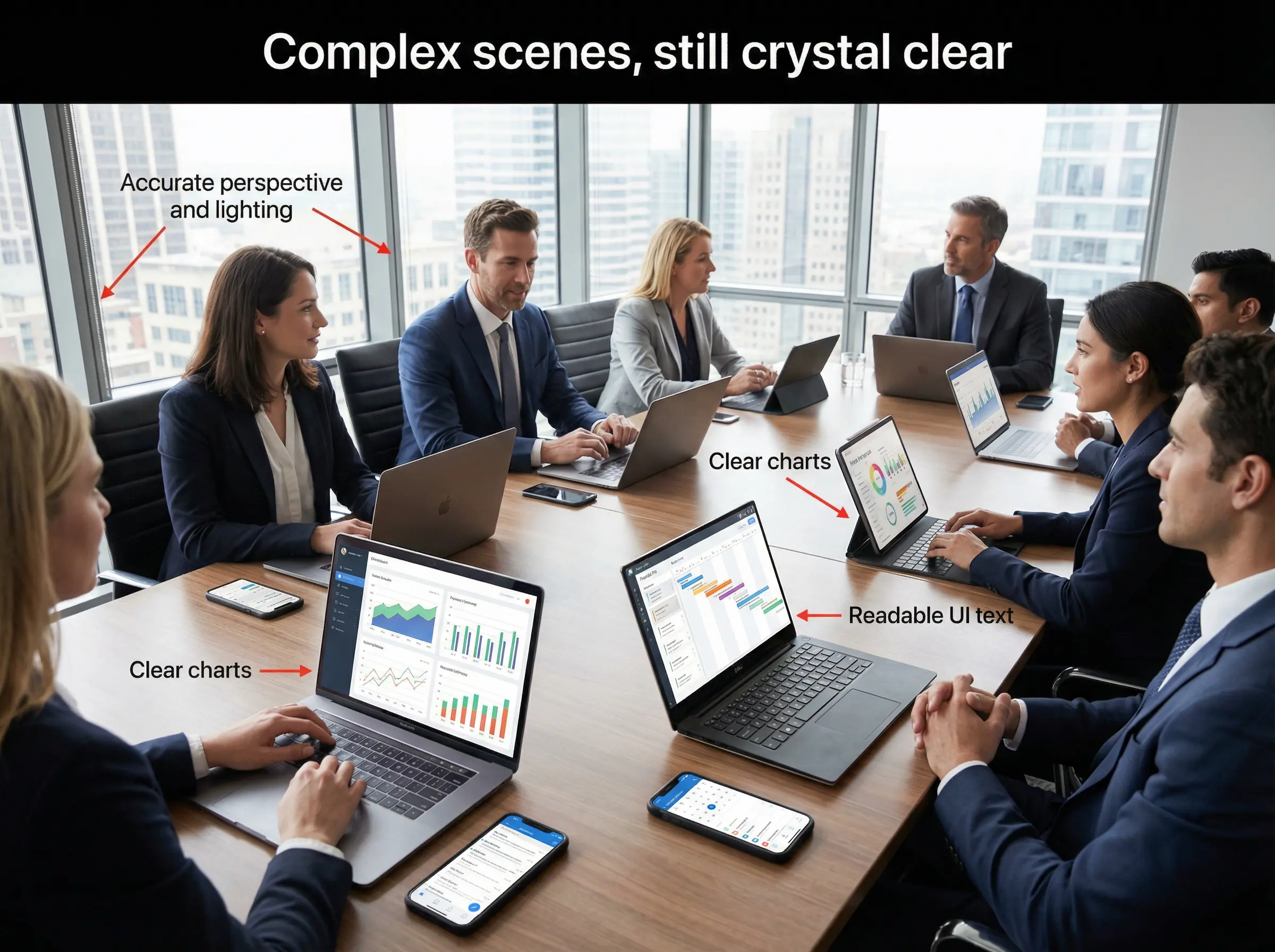 Office meeting scene with coordinated lighting and connected devices